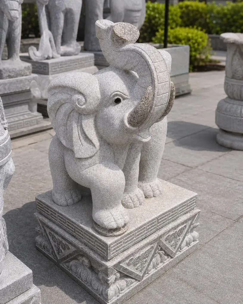 Custom stone carving example — hand-carved light gray granite elephant statue from China for North America delivery
