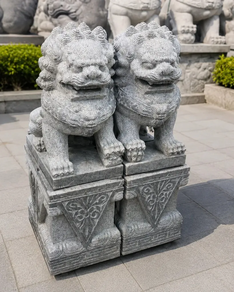 Carved Gray Stone Guardian Lion Pair — Gray carved natural stone for Toronto & GTA outdoor spaces | G&T Moving