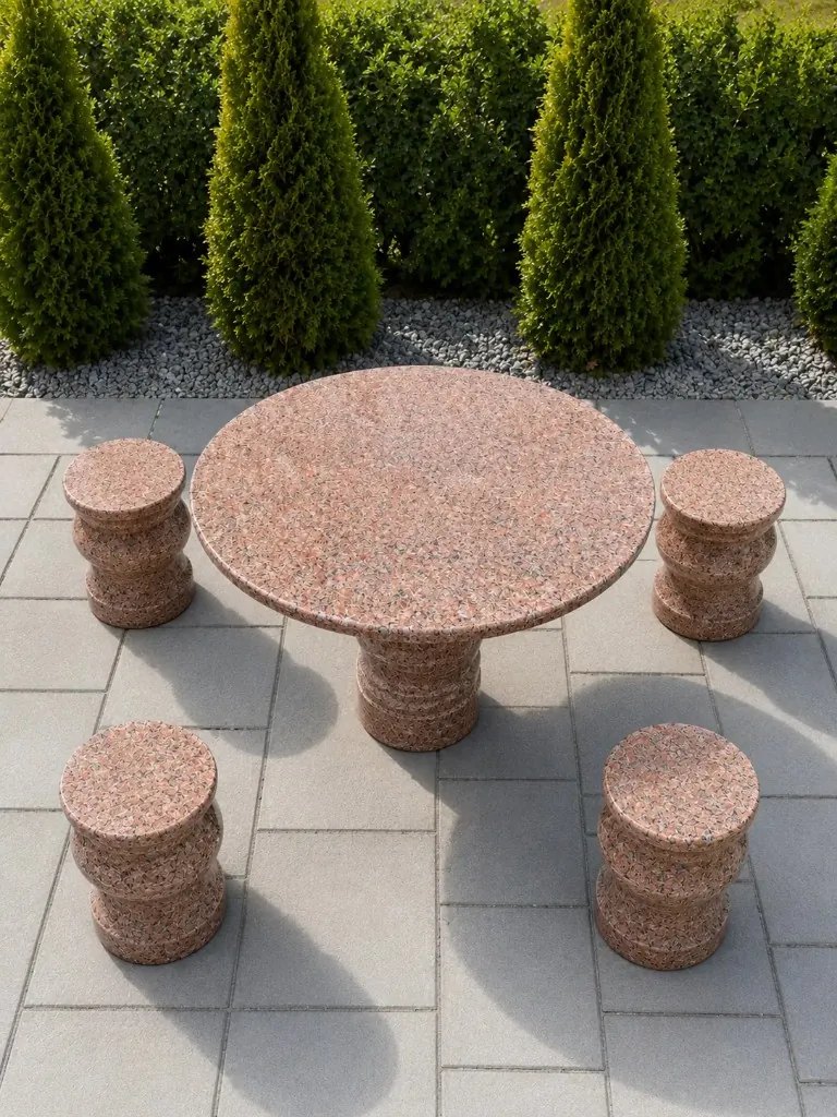 Polished Pink Granite Outdoor Table and Four-Stool Set — Pink natural granite for Toronto & GTA outdoor spaces | G&T Moving