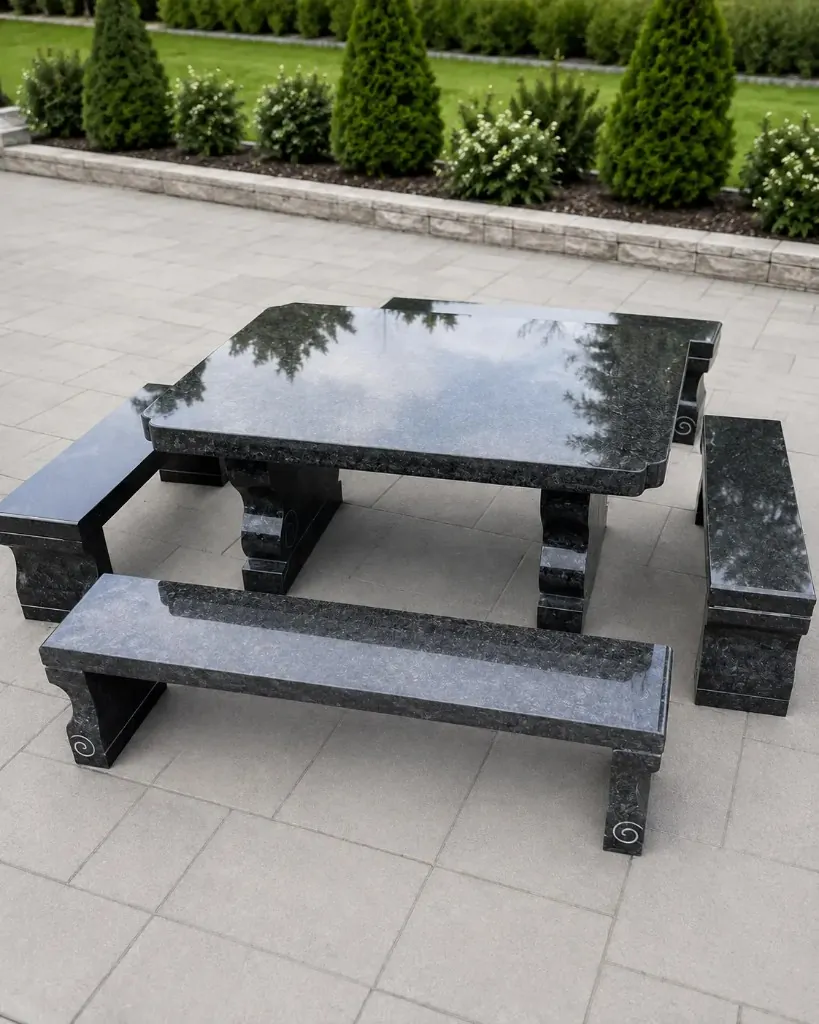5-Piece Polished Dark Stone Outdoor Dining Set — Polished dark natural stone for Toronto & GTA outdoor spaces | G&T Moving